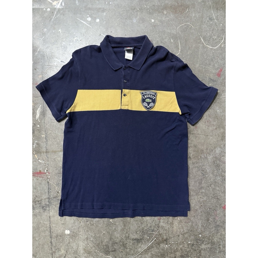 Lacoste Polo Shirt Mens Large 6 Blue Striped 75th Anniversary Logo Cotton RARE